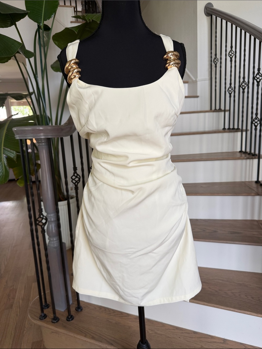 NWT Commense Sleeveless Cream Mini Dress with Gold Accent Straps (M)